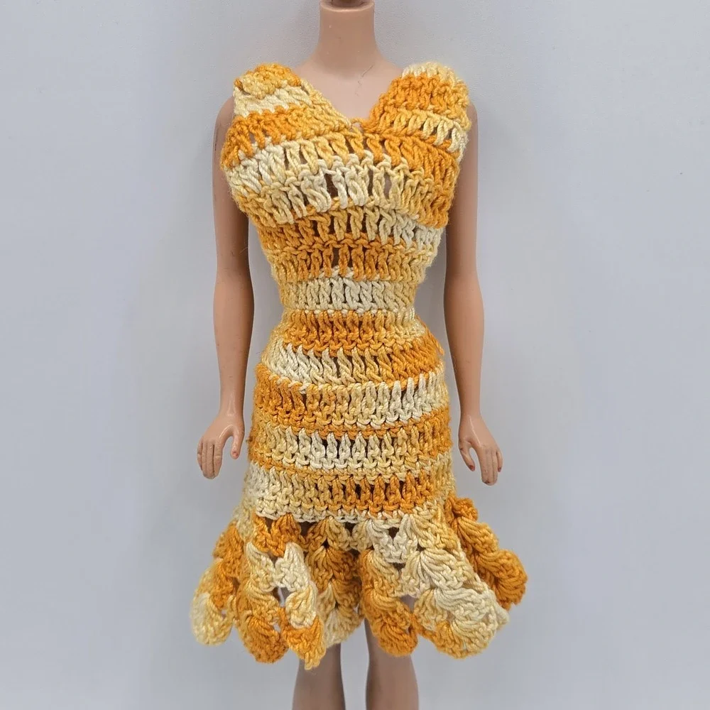 Vintage Barbie Fashion Doll Mommy Made Handmade Crochet Yellow White Dress